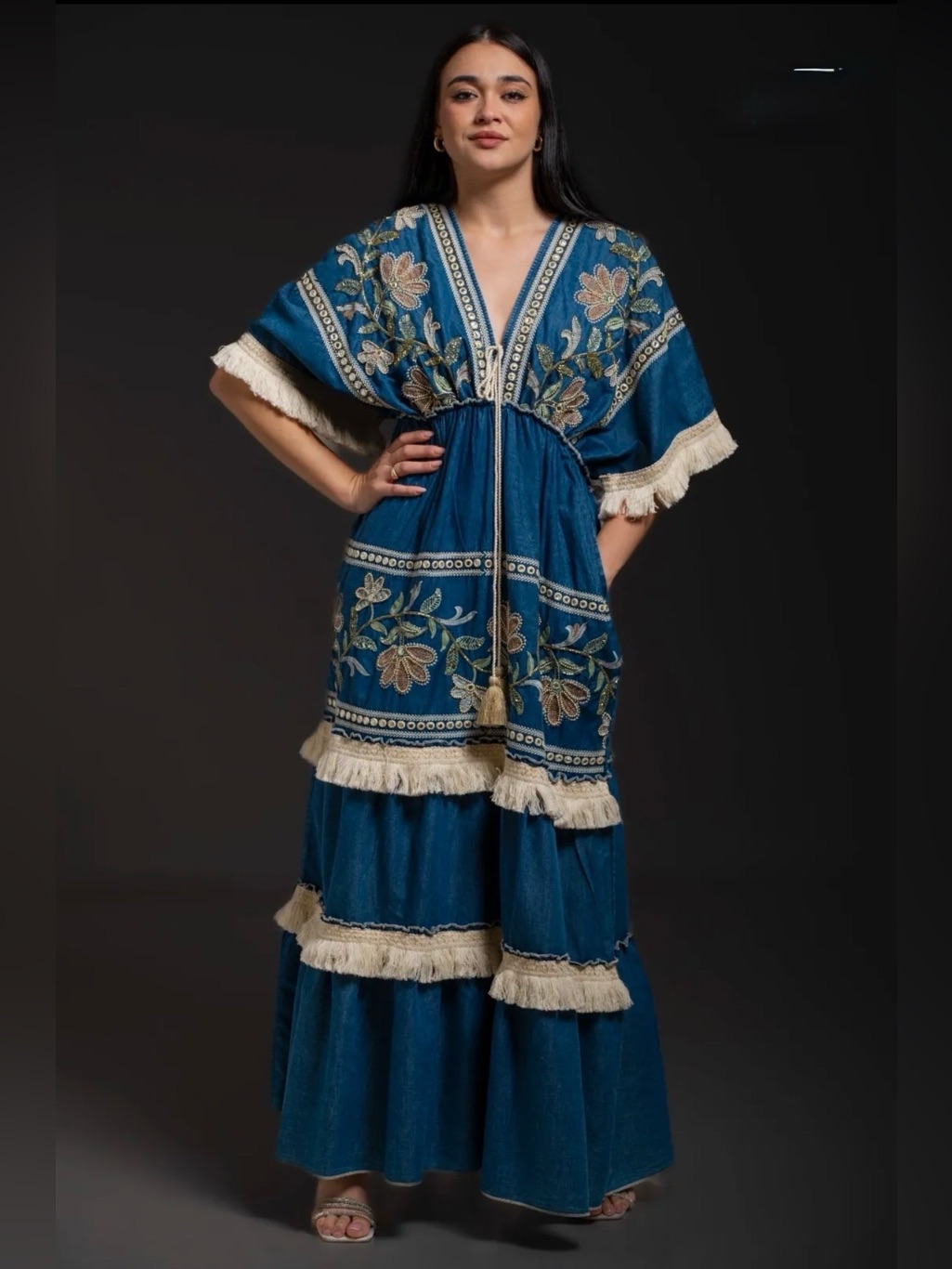 D37. From France Beaded Embroidered Blue Fringe Cotton Dress